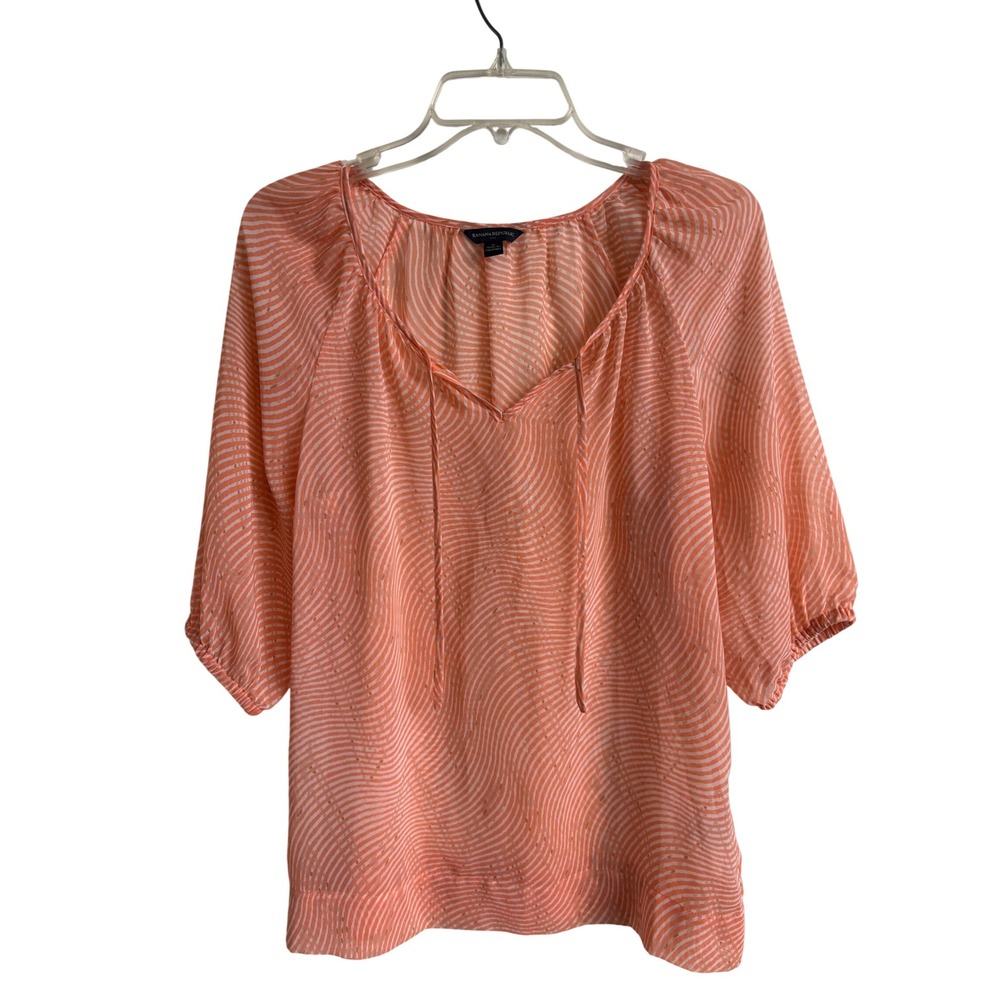 Banana Republic Coral White Wavy Stripe Metallic Dot 3/4 Sleeve Blouse Medium